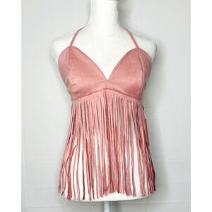NWT Verdusa Faux Suede Fringe Halter Top Boho Festival Large Pink Womens Rodeo